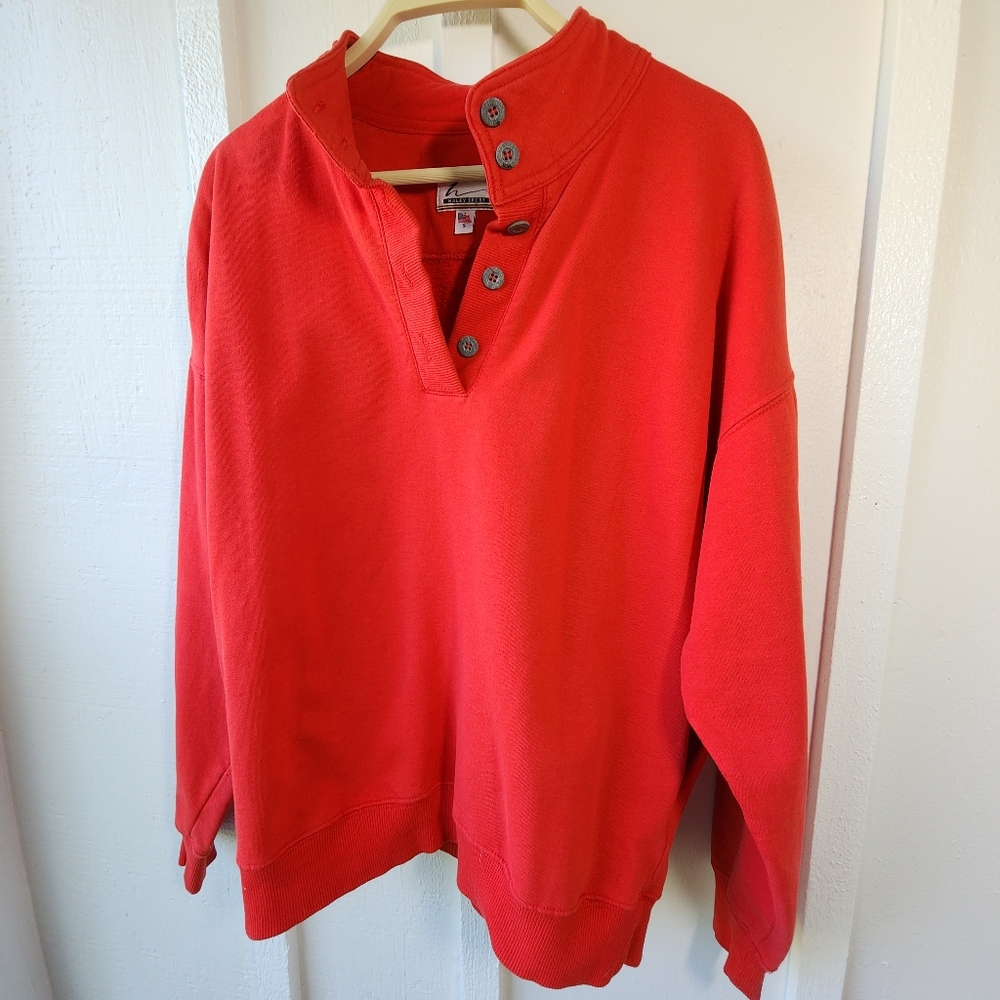 Vintage Red Collared Sweatshirt Quarter Button Down Size Small Made In U.S.A.